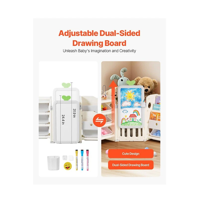 Slickblue Kids Toy Storage Organizer with Bookshelf, 10 Bins and Drawing Board