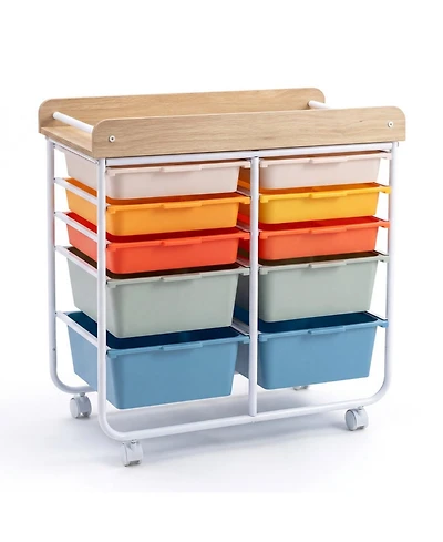 Sugift 10-Drawer Rolling Storage Cart with Wooden Tabletop and Lockable Wheels for Office