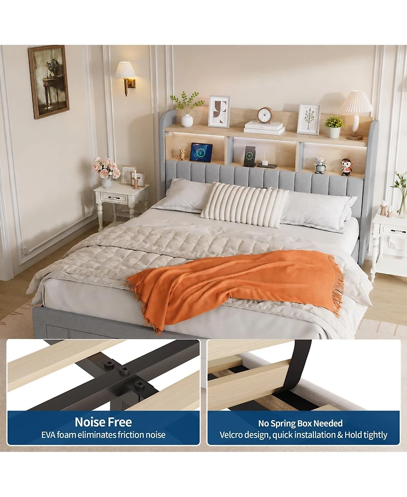 homfan Upholstered Bed with 2 Drawers and Led Lights | Platform Charging Station Storage Headboard, Heavy Duty, No Box Spring Needed