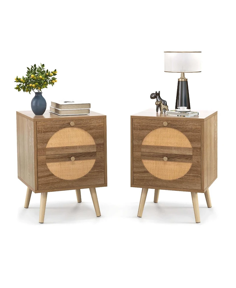 Costway 2 Pieces Rattan Nightstand with 2 Drawers Solid Wood Legs Compact Wood Coffee Table