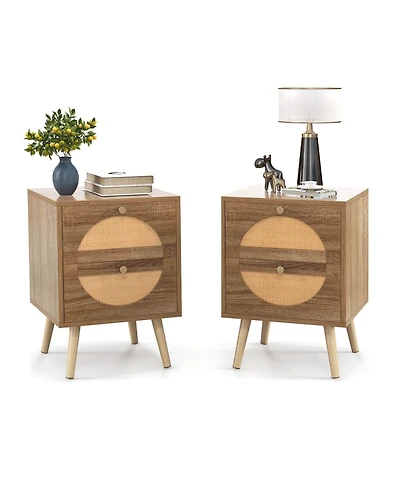 Costway 2 Pieces Rattan Nightstand with 2 Drawers Solid Wood Legs Compact Wood Coffee Table