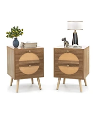 Costway 2 Pieces Rattan Nightstand with 2 Drawers Solid Wood Legs Compact Wood Coffee Table
