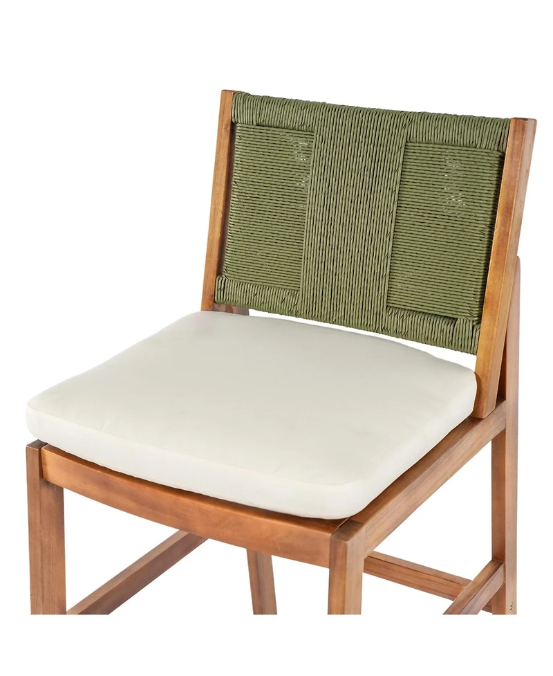 Flynama Set of 2 Outdoor Acacia Wood Bar Height Stools, Teak Finish with Cushion and Wicker Back