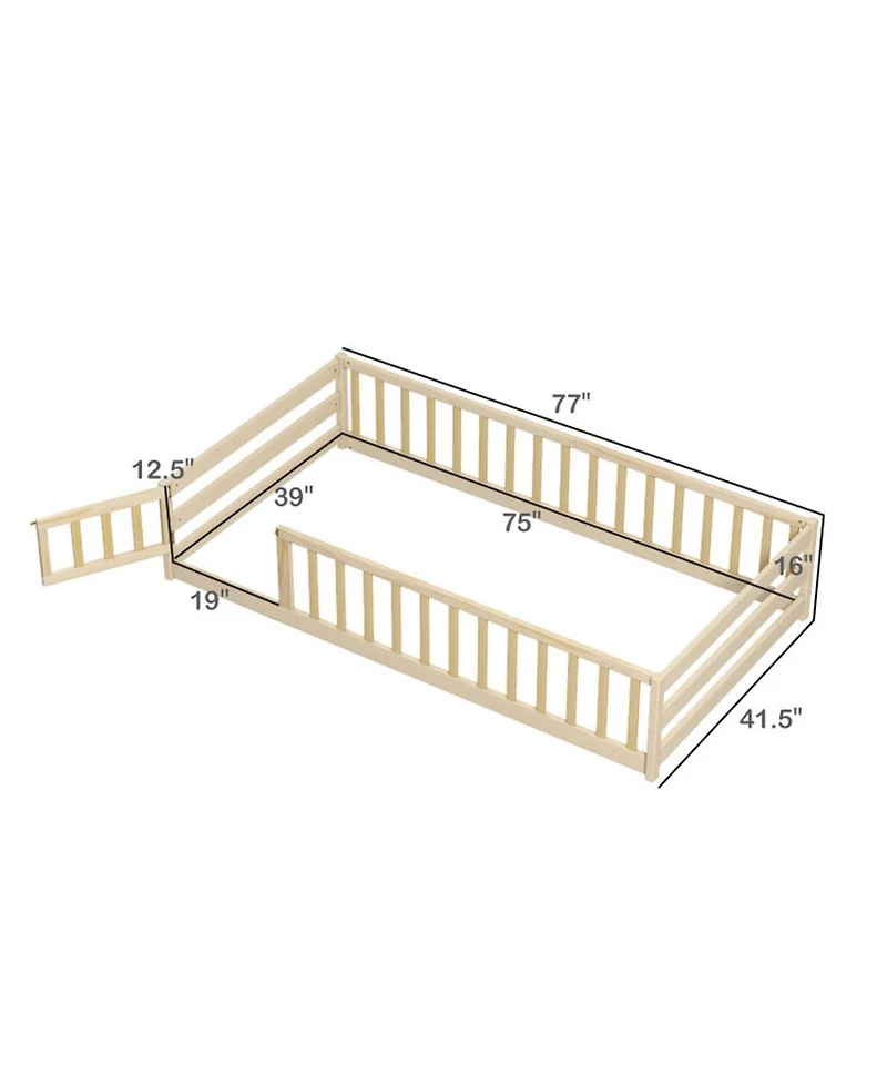 Sugift Twin Size Kids Montessori Floor Bed with Door and Fence