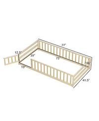 Sugift Twin Size Kids Montessori Floor Bed with Door and Fence