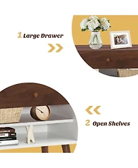 Costway Nightstand End Side Table Drawer Storage Shelf Mid-Century Rubber Wood Leg