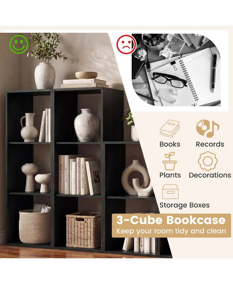 Sugift 3 Cube Bookshelf with Back Guardrail for Living Room Bedroom