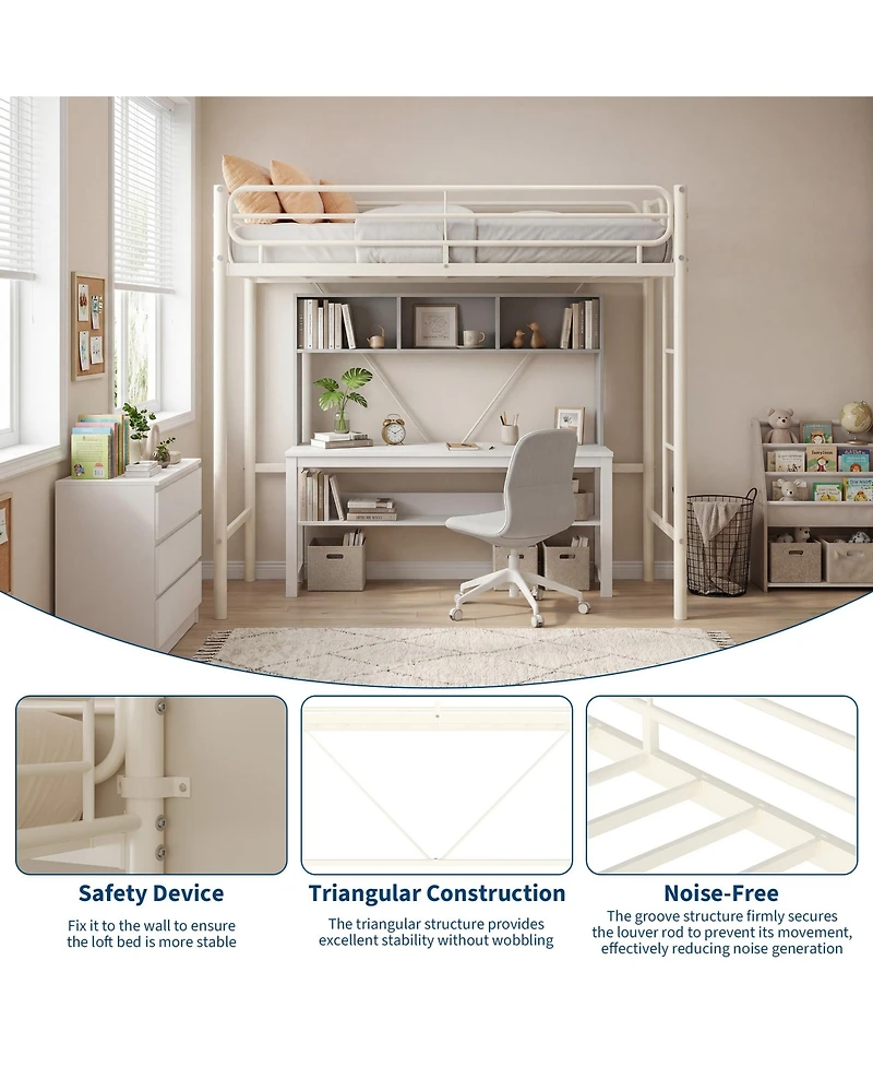 homfan Heavy Duty Twin Loft Bed, Metal Frame with 11.7" Guardrail, Space-Saving Underbed Workspace, 450 lbs Capacity, No Box Spring Needed
