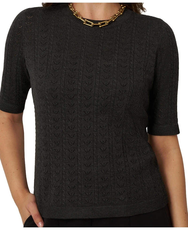 Cable & Gauge Women's Pointelle Stitch Jewel Neck Sweater