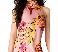 Steve Madden Juniors' Floral-Print Satin Halter Wedding-Guest Dress