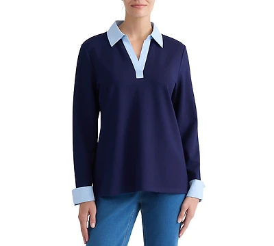 Jones New York Petite Long-Sleeve Collared V-Neck Blouse