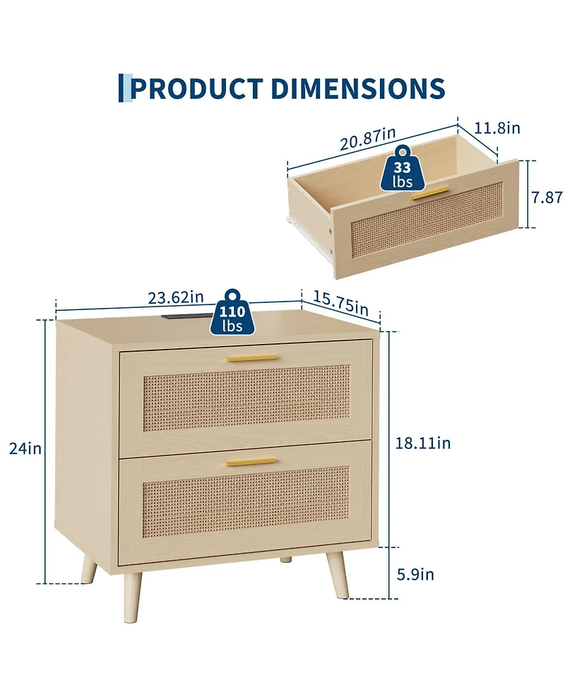 homfan Rattan Nightstand with Charging Station