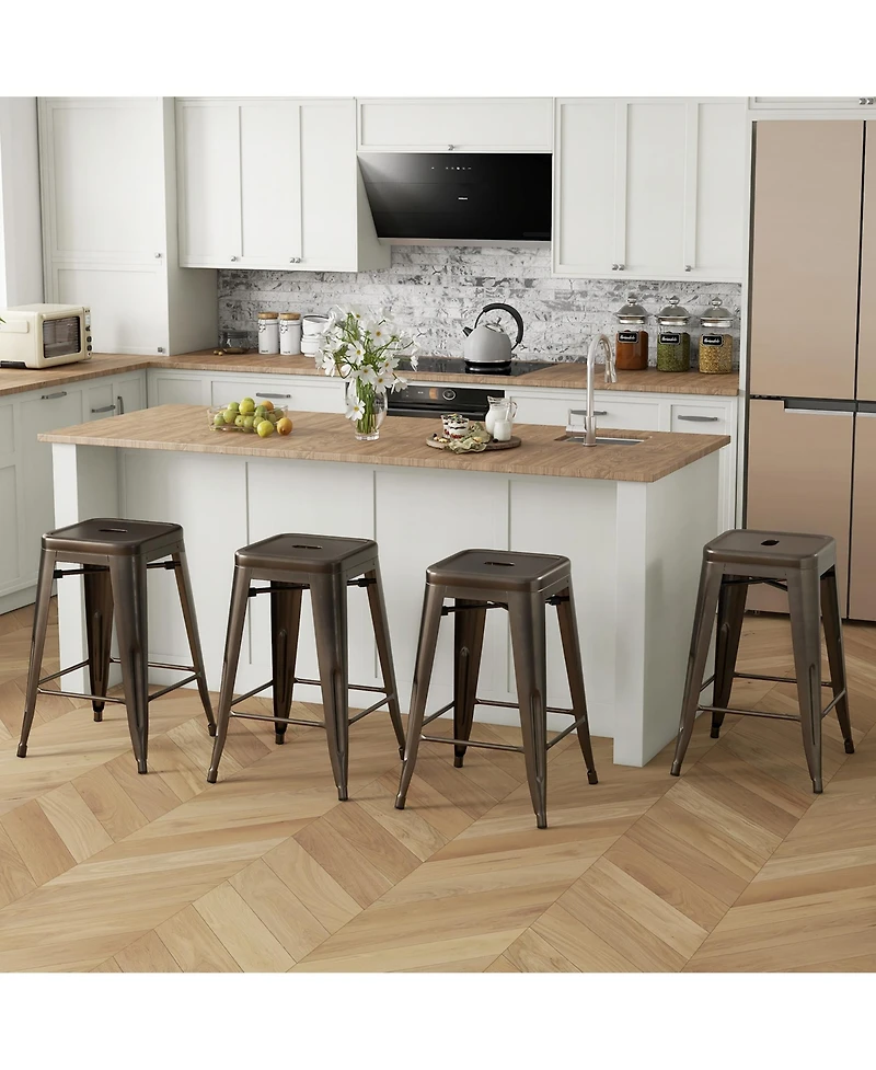 Gymax 24'' Metal Bar Stools Set of 4 w/ Square Seat Patio Bar Stools Home Kitchen