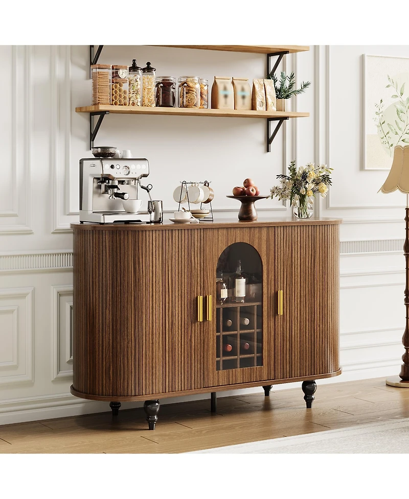 gaomon 55" Mid-Century Bar Cabinet with Sliding Door, Detachable Wine Rack and Glass Holder