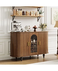 gaomon 55" Mid-Century Bar Cabinet with Sliding Door, Detachable Wine Rack and Glass Holder