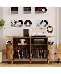 homfan Round Mid-Century Tv Stand and Media Console with Vinyl Storage and Charging Station, Open Shelves