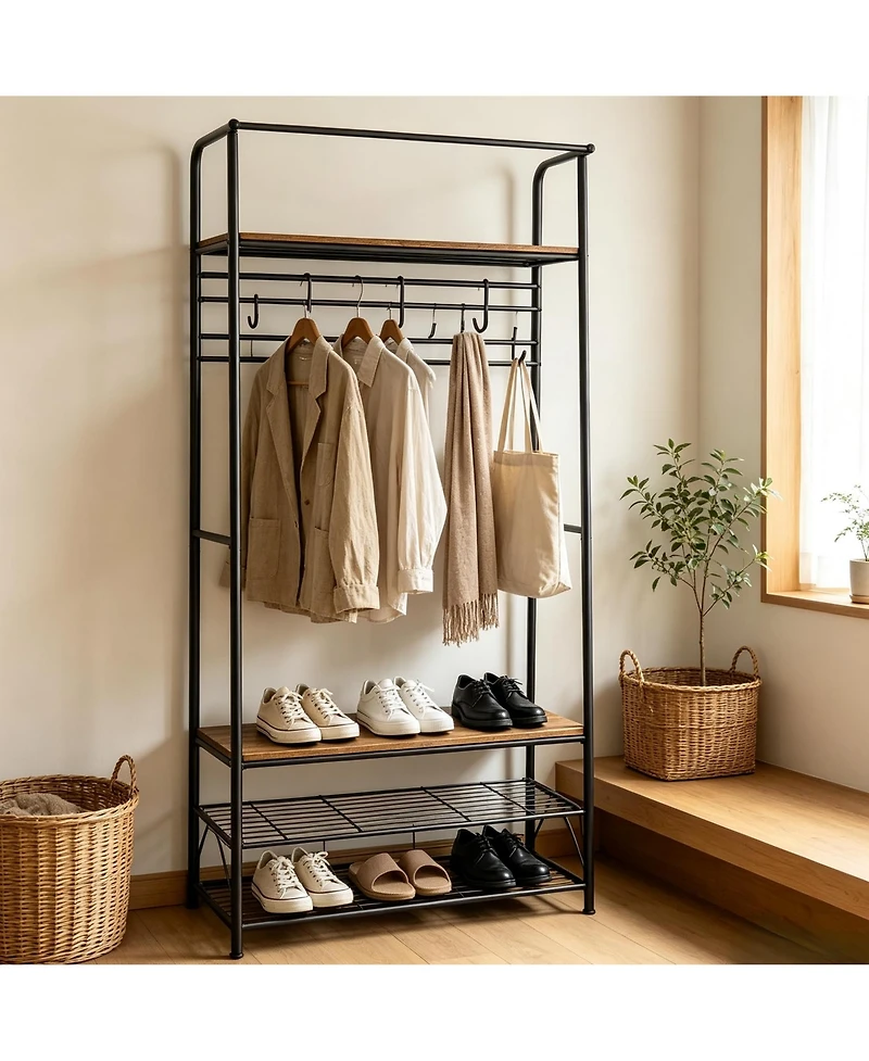 Gaomon Entryway Hall Tree - Industrial Coat Rack and Storage Bench, 8 Hooks, 2-Tier Shoe Shelf, Quick 20-Min Assembly