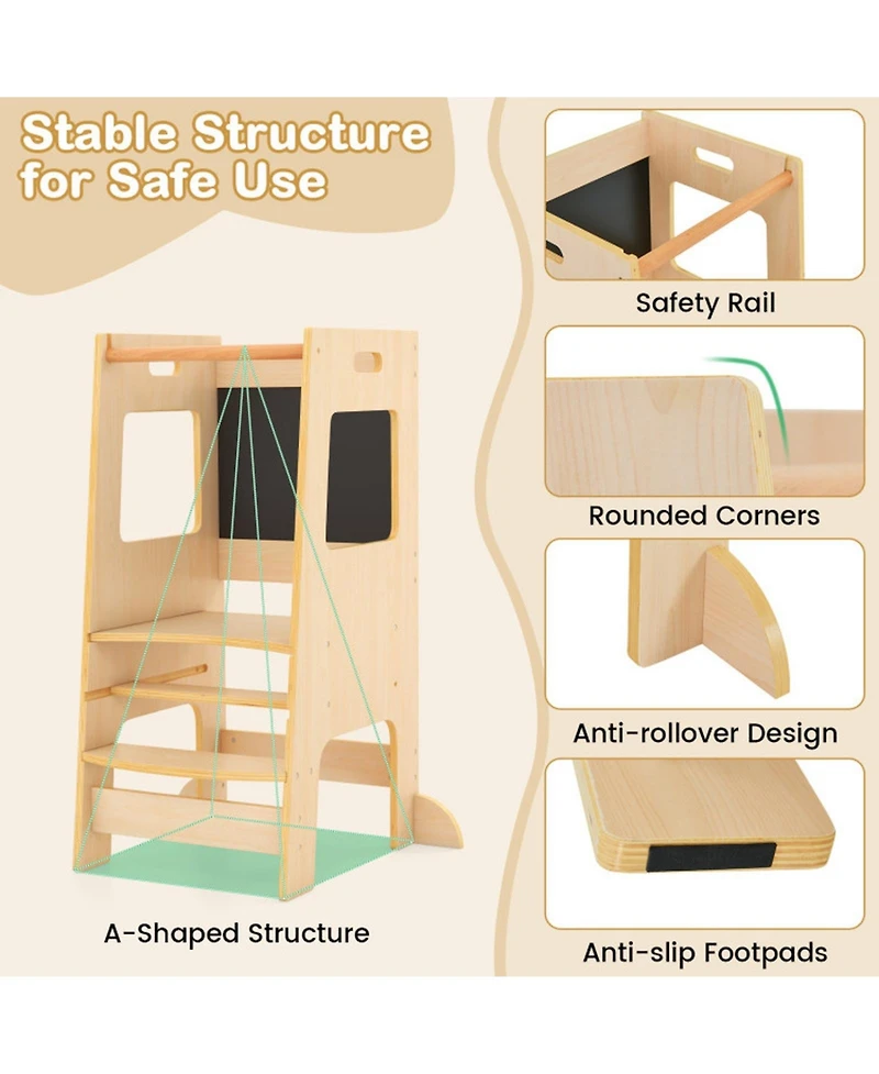 Sugift Toddler Kitchen Step Stool with Adjustable Height and Activity Chalkboards