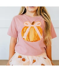 Sweet Wink Big Girls Coquette Pumpkin Sequin Patch Short Sleeve T-Shirt