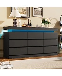 homfan 9 Drawer Dresser for Bedroom, 63" Wide Chest with Led Light and Charging Station, Tv Stand Multi-Functional Organizer for Living Room