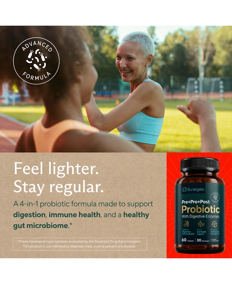 Sunergetic 4-in-1 Probiotic Prebiotic Postbiotic Digestive Enzymes for Men and Women, Gut Health and Immunity Support, 60 Count