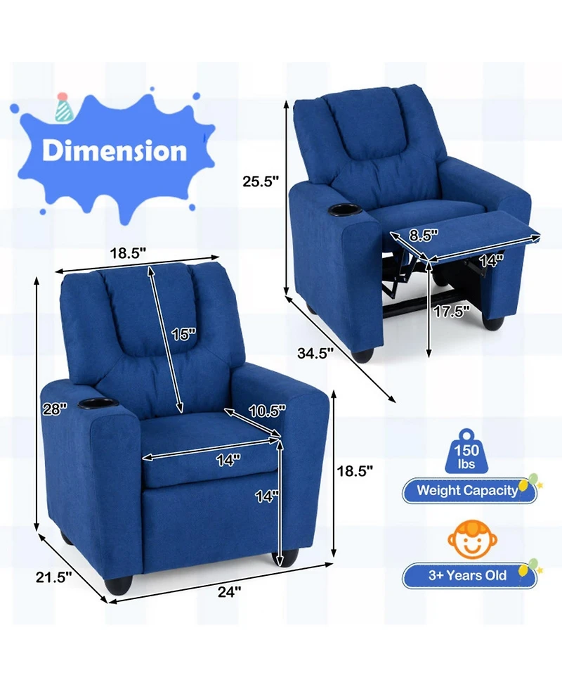 Sugift Kids Push-Back Recliner Armchair with Retractable Footrest and Cup Holder