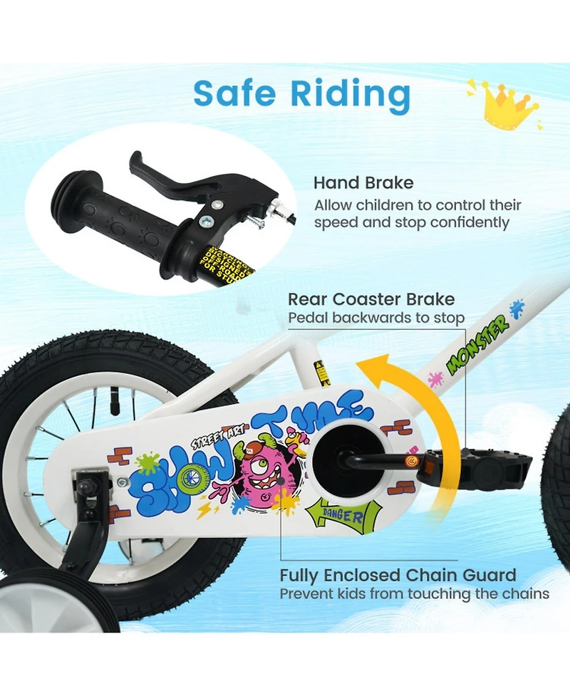 Hongge 12-Inch Kids Bike with Coaster Brake and Training Wheels, 110 lbs. Capacity, Ages 3-4