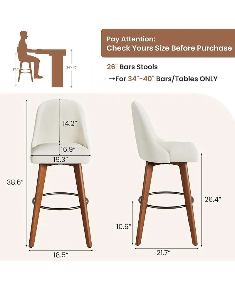 gaomon Set of 4 White Linen 360degree(s) Swivel Counter Stools with Wood Legs and Back, 26" Seat Height