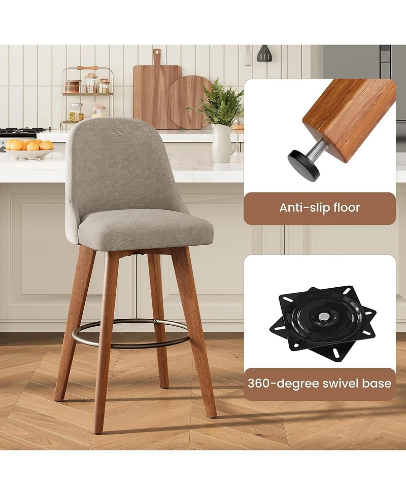 Gaomon Set of 4 360degree(s) Swivel Counter Stools, Sand Linen Upholstered Bar Chairs with Wood Legs, 26" Seat