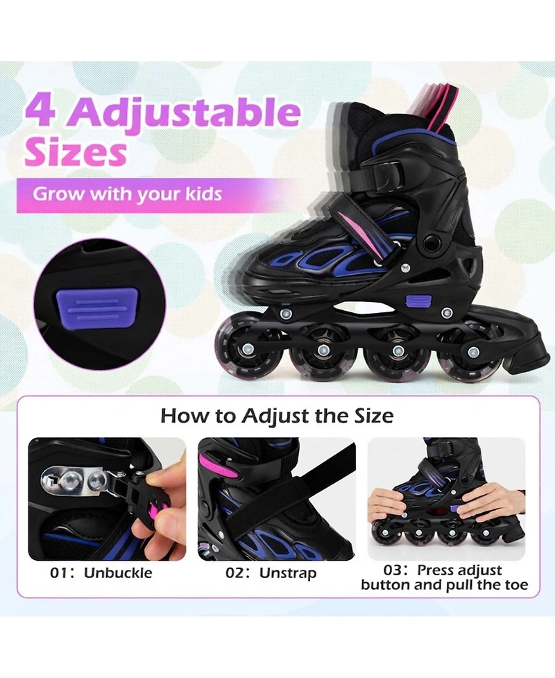 Hongge 4-Size Adjustable Light-Up Wheel Inline Skates, Ages 7+