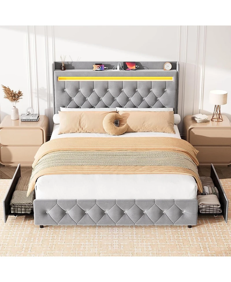 gaomon Queen Size Velvet Led Platform Bed with Storage Headboard