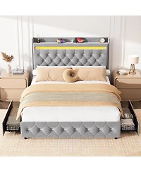 gaomon Queen Size Velvet Led Platform Bed with Storage Headboard