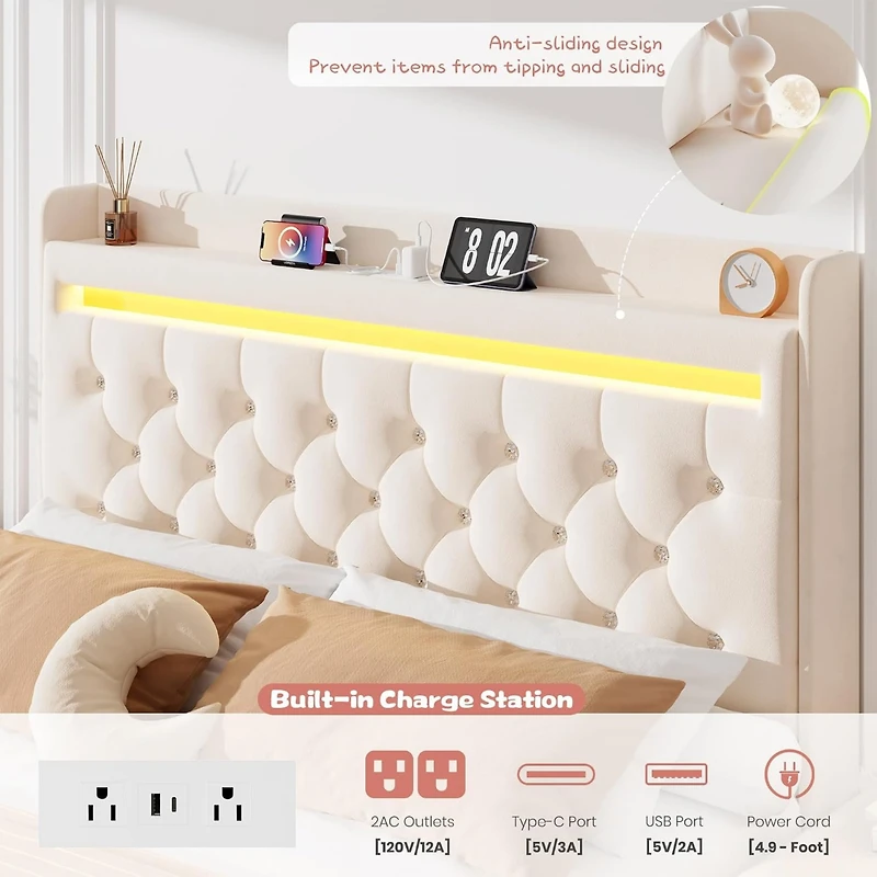 Gaomon Queen Size White Velvet Led Platform Bed with Storage Headboard, Charging and 2 Drawers