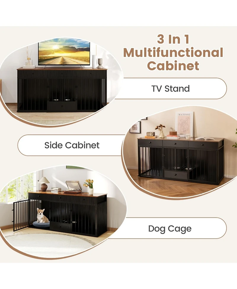 Ruie Modern Dog Kennel Furniture 71 in 2 Room Pet Cabinet with Pull Out Feeder