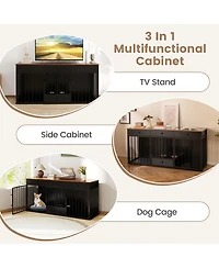Ruie Modern Dog Kennel Furniture 71 in 2 Room Pet Cabinet with Pull Out Feeder