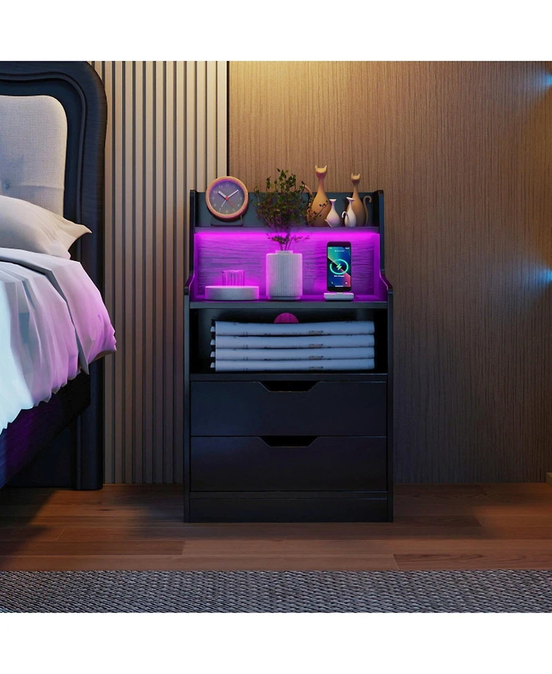 Sugift Led Nightstand with Rgb Lighting Charging Station and 2 Drawers