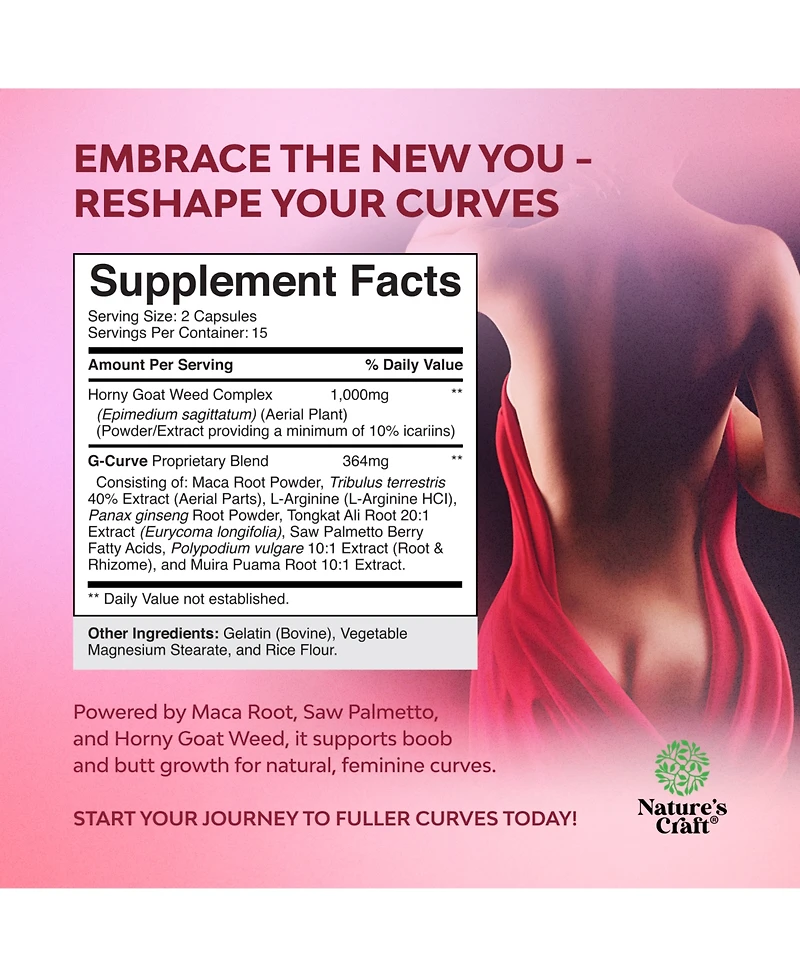 Nature's Craft G-Curve Botanical Support Capsules - Epimedium Extract, Muira Puama & Maca Root - Advanced Herbal Formula for Women - Easy to Swallow
