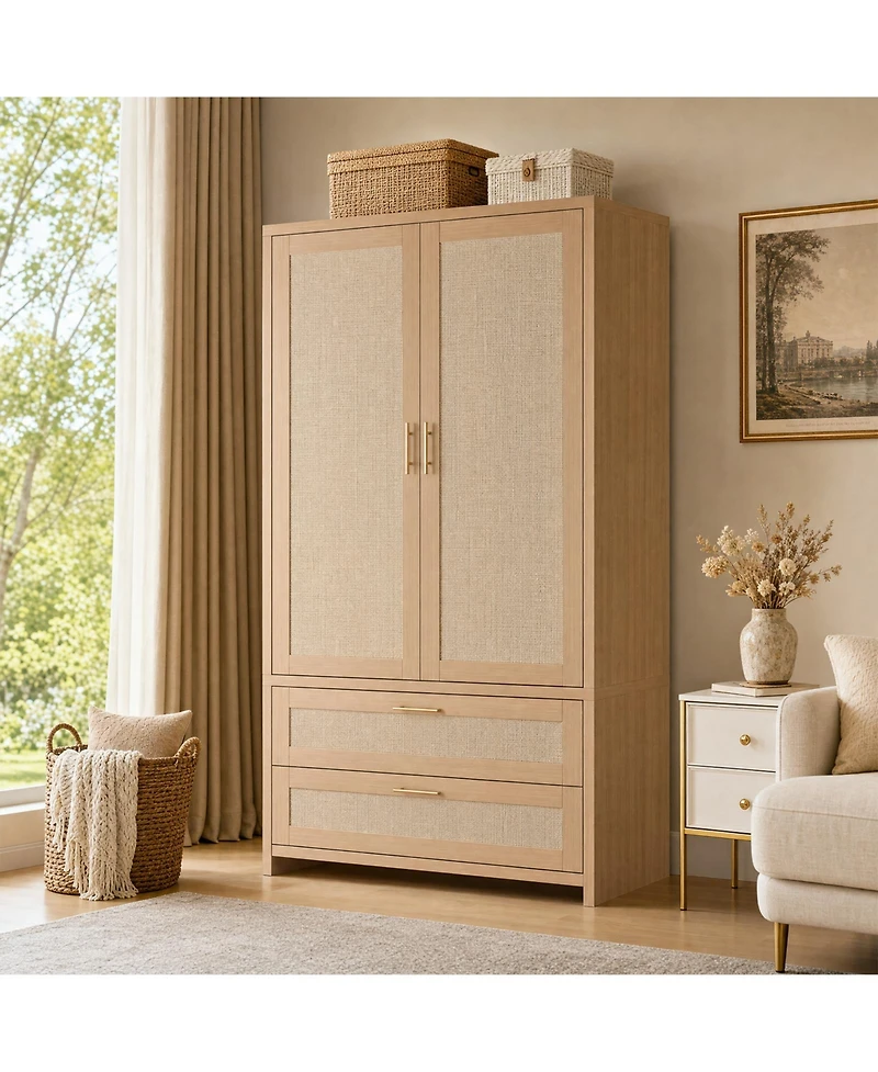 homfan 71" Tall Boho Rattan Wardrobe with Hanging Rod and Drawers,Light Oak Finish