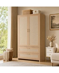 homfan 71" Tall Boho Rattan Wardrobe with Hanging Rod and Drawers,Light Oak Finish