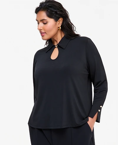 I.n.c. International Concepts Plus Size Long-Sleeve Collared Keyhole Hardware Blouse, Macy's Exclusive