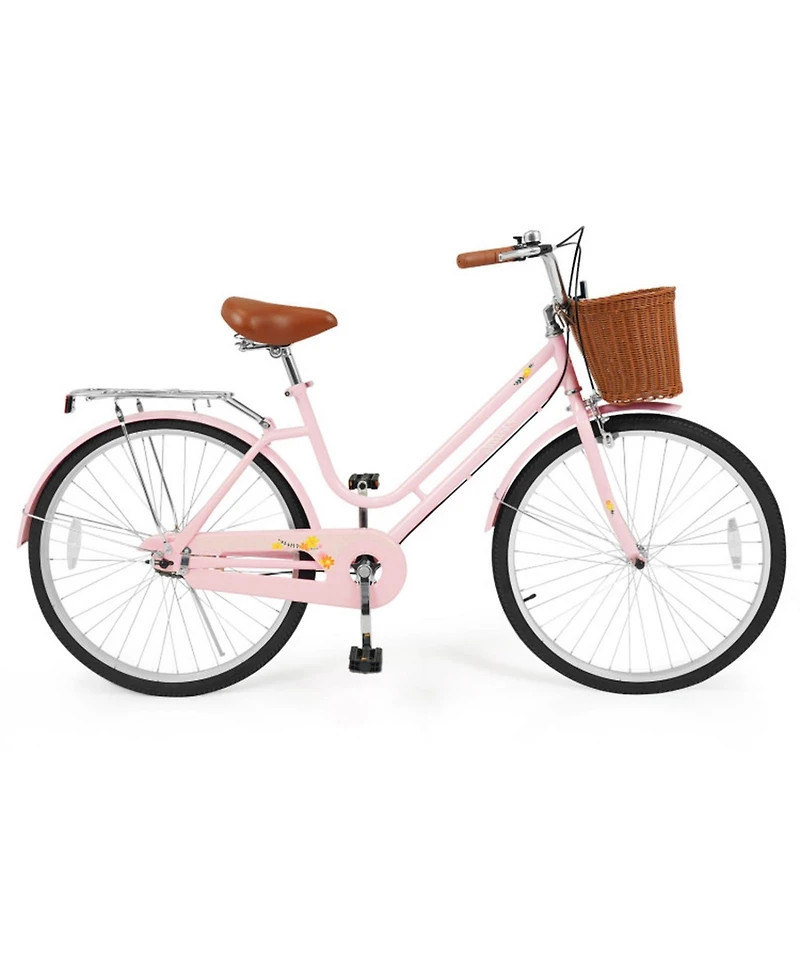 Hongge 26-Inch Beach Cruiser Bike with Woven Basket Rear Rack and Cushioned Spring Seat