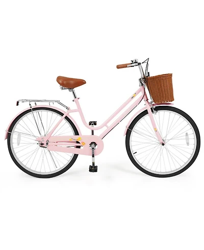 Hongge 26-Inch Beach Cruiser Bike with Woven Basket Rear Rack and Cushioned Spring Seat
