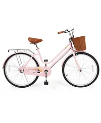 Hongge 26-Inch Beach Cruiser Bike with Woven Basket Rear Rack and Cushioned Spring Seat