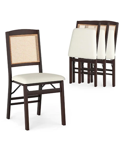 Sugift Folding Rubber Wood Dining Chairs Set of 4 with Rattan Backrest