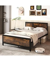 Sugift Metal Platform Bed Frame with Wood Grain Headboard and Footboard