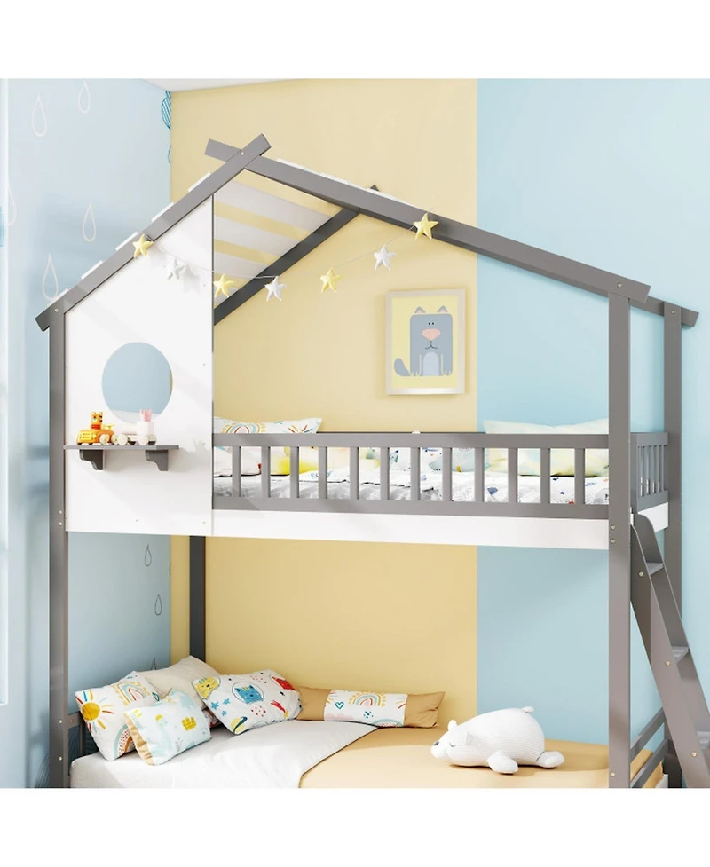 Sugift Twin House Bunk Bed with Roof Ladder and Full-Length Guardrails
