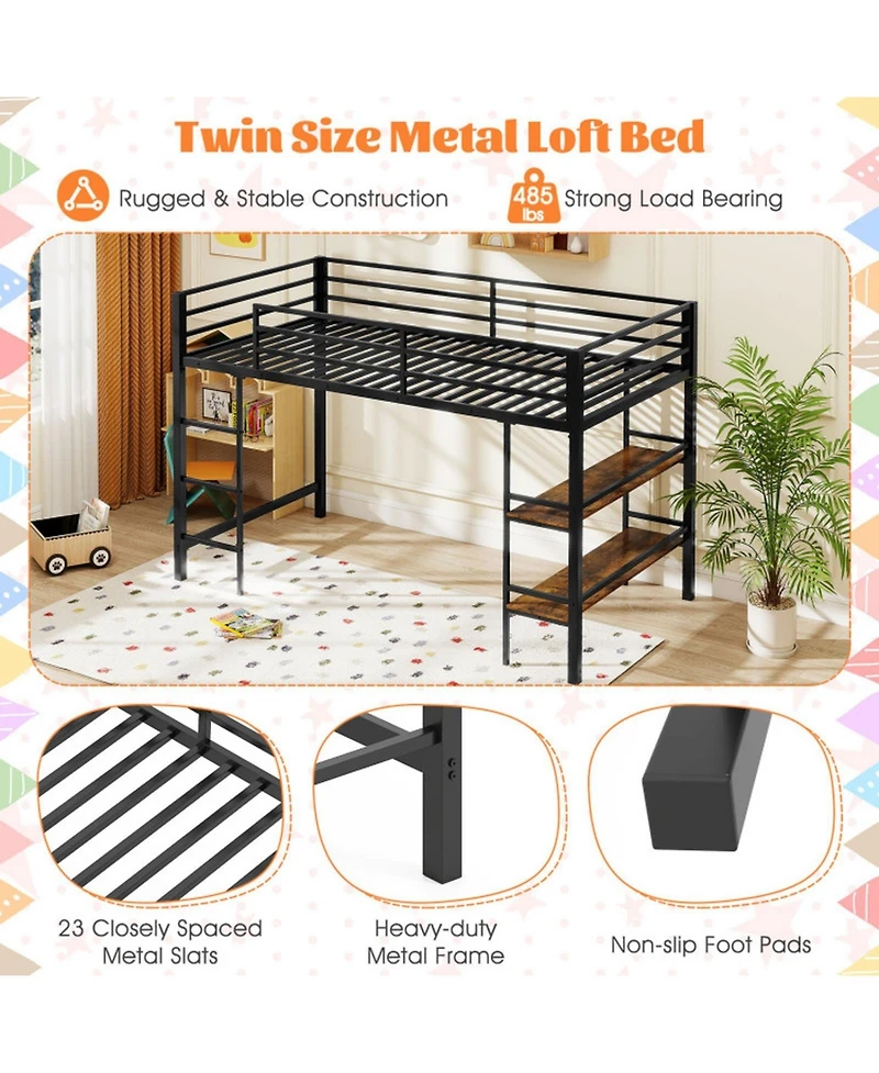 Sugift Low Loft Bed with Ladder and Storage Shelves Metal Frame