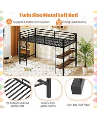 Sugift Low Loft Bed with Ladder and Storage Shelves Metal Frame