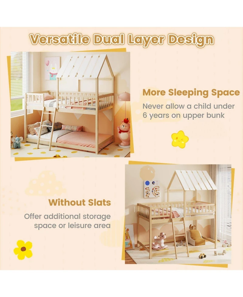 Sugift Twin House Bunk Bed with Roof and Full-Length Guardrails