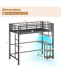 Sugift Twin Size Metal Loft Bed with Desk Led Lights and Charging Station